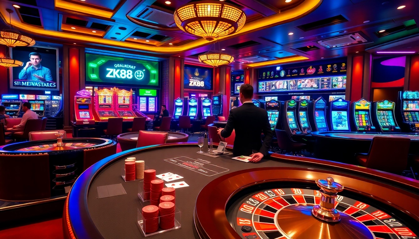 ZK88 casino scene featuring blackjack table, roulette wheel, and vibrant slot machines