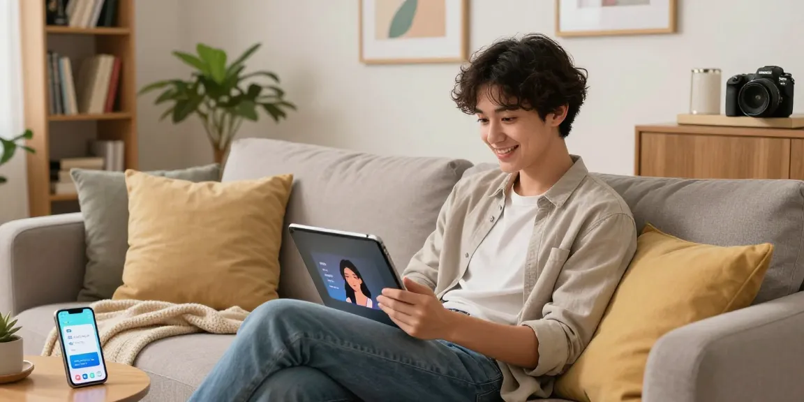 Engaging conversation with an AI girlfriend on a tablet in a cozy living room