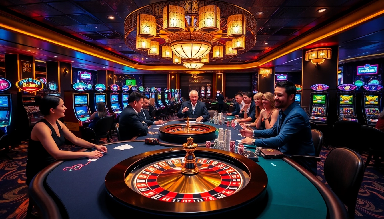 Experience the thrill of 28bet at a luxurious casino with vibrant gaming tables and exciting players.