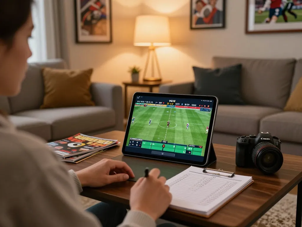 Person using vsc10 tablet for sports betting in a cozy living room.
