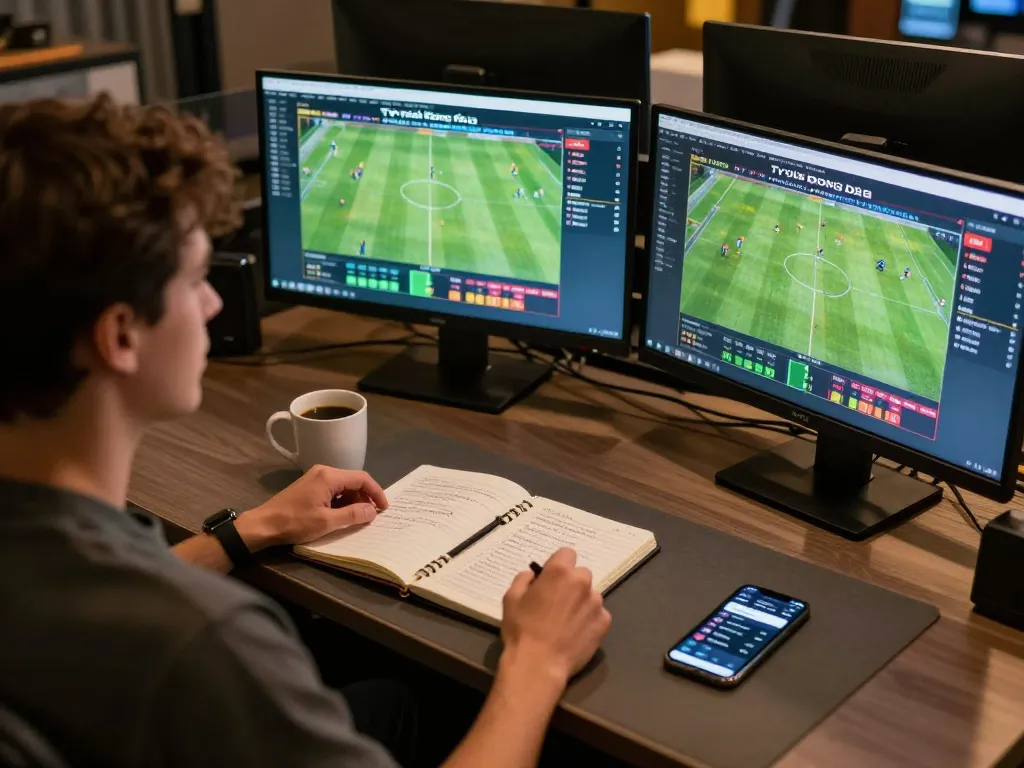Tỷ lệ bóng đá displayed on multiple screens as a sports bettor analyzes upcoming match odds in a strategic home setting