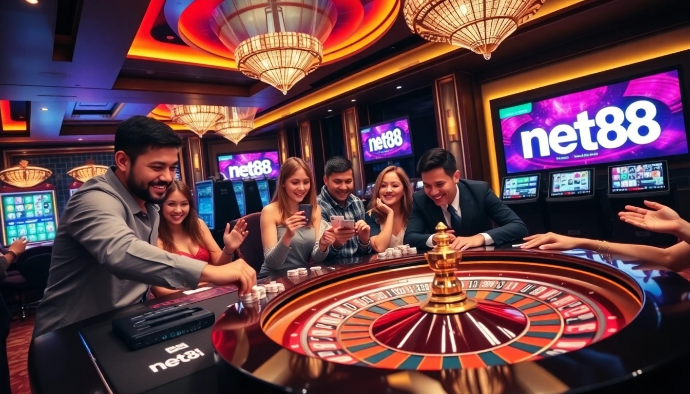 Players enjoying casino games with the net88 app interface visible in the background, showcasing excitement and strategy.