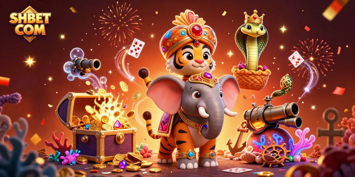 Sparkling SHBET COM casino adventure with a tiger, elephant, and cobra amid treasure and festive decorations.