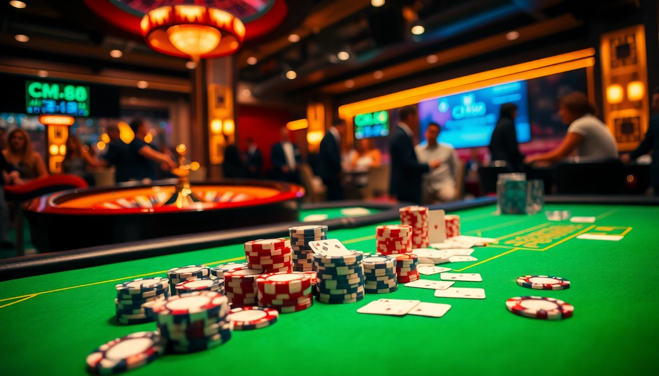 cm88 highlighted in a lively casino scene with poker chips and active gaming tables.