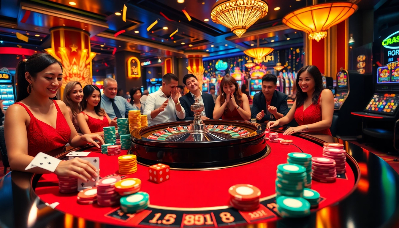 KJC-themed roulette table with diverse players betting energetically in a luxury casino setting.