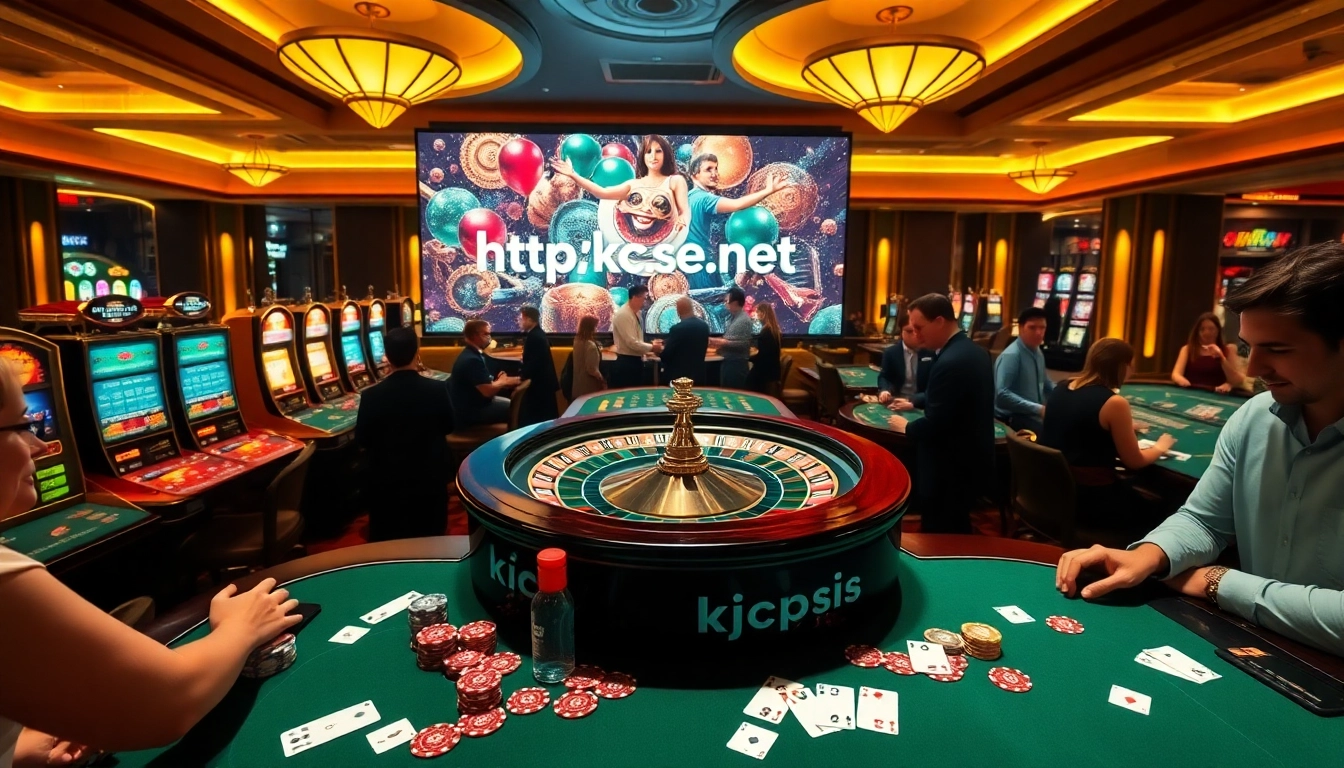 Engaging scene of gambling activities at https://kjc.se.net/ with casino tables, poker chips, and customers enjoying games.