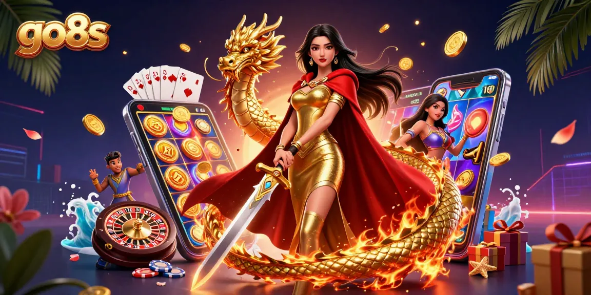 Spin the reels with go8s, revealing golden coins and vibrant slot games in a dynamic casino scene.