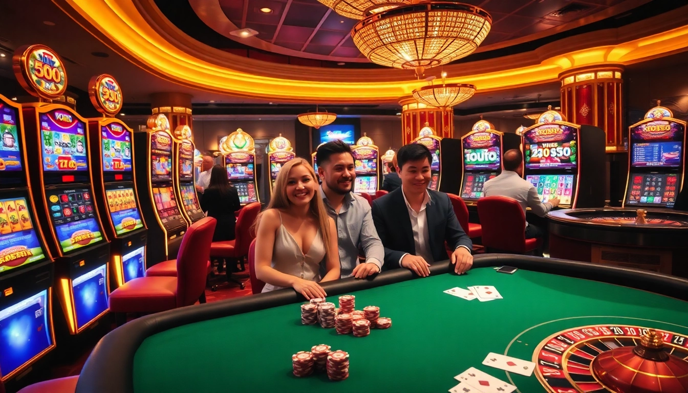 Gamblers experiencing the excitement of nohu90 at vibrant slot machines in a luxurious casino setting.