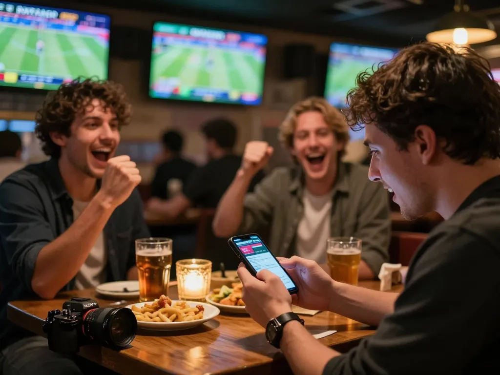 Engaged bettor analyzing kèo nhà cái on smartphone amidst the excitement of a live sports betting environment.
