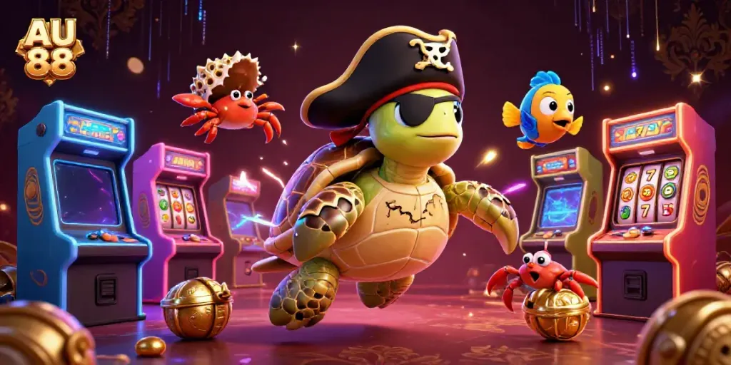 Experience the thrill of AU 88 with vibrant 3D casino elements surrounding animated characters amid glowing treasures