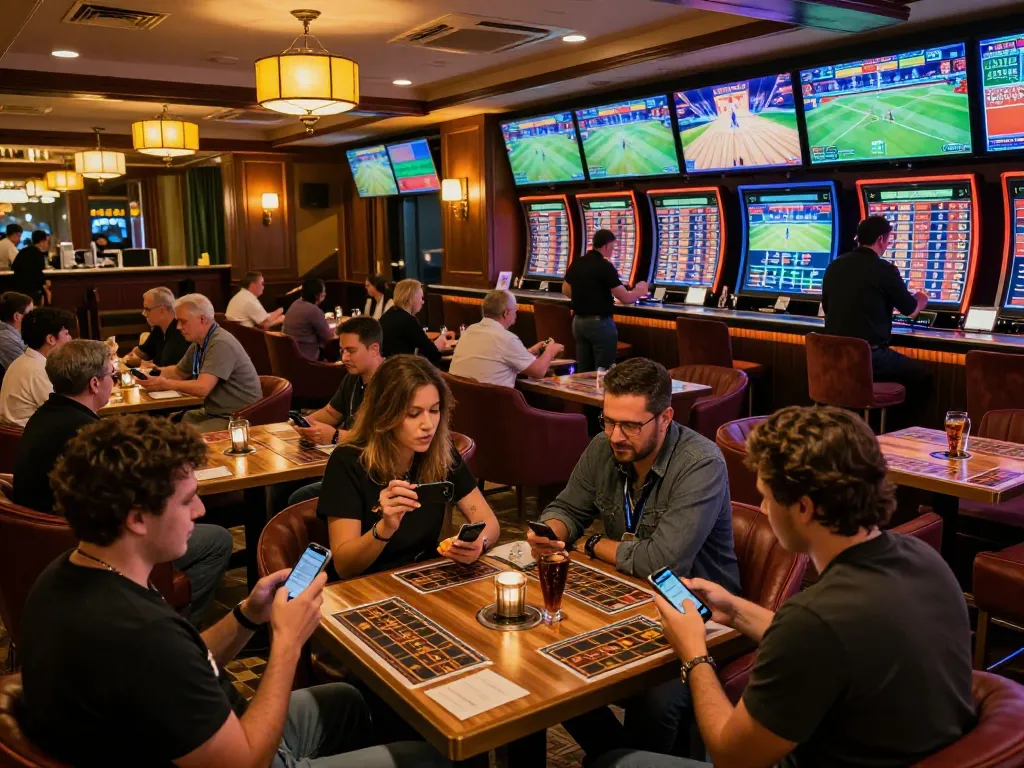 Patrons celebrating wins while placing bets at 789win's lively sports betting lounge with multiple screens