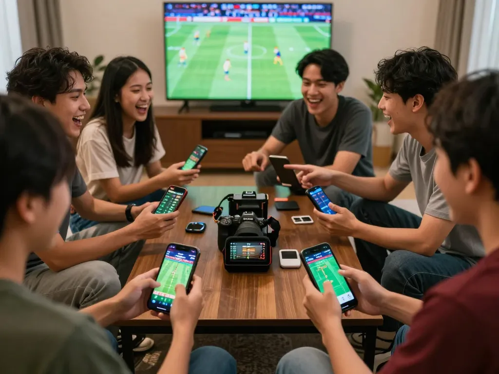 Sports enthusiasts engaged in lively sports betting using bongdalu88 on smartphones with live match in background.