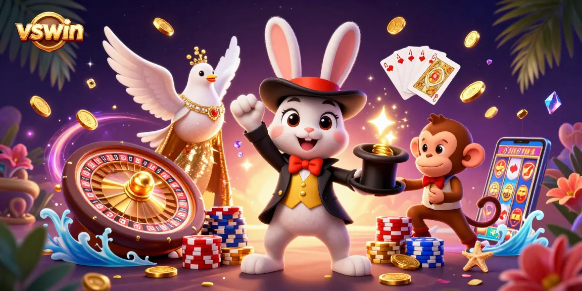 Experience thrilling wins at vswin with vibrant casino elements in an exciting 3D illustration.
