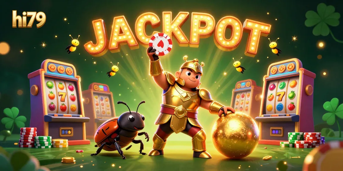 Experience the thrill of hi79 with a lively 3D illustration featuring a victorious beetle lifting a poker chip.