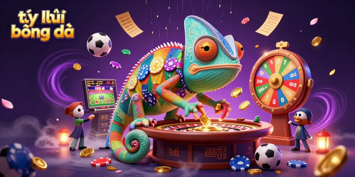 Engage in tỷ lệ bóng đá with a dynamic chameleon casino owner, surrounded by bouncing sports balls and betting slips.