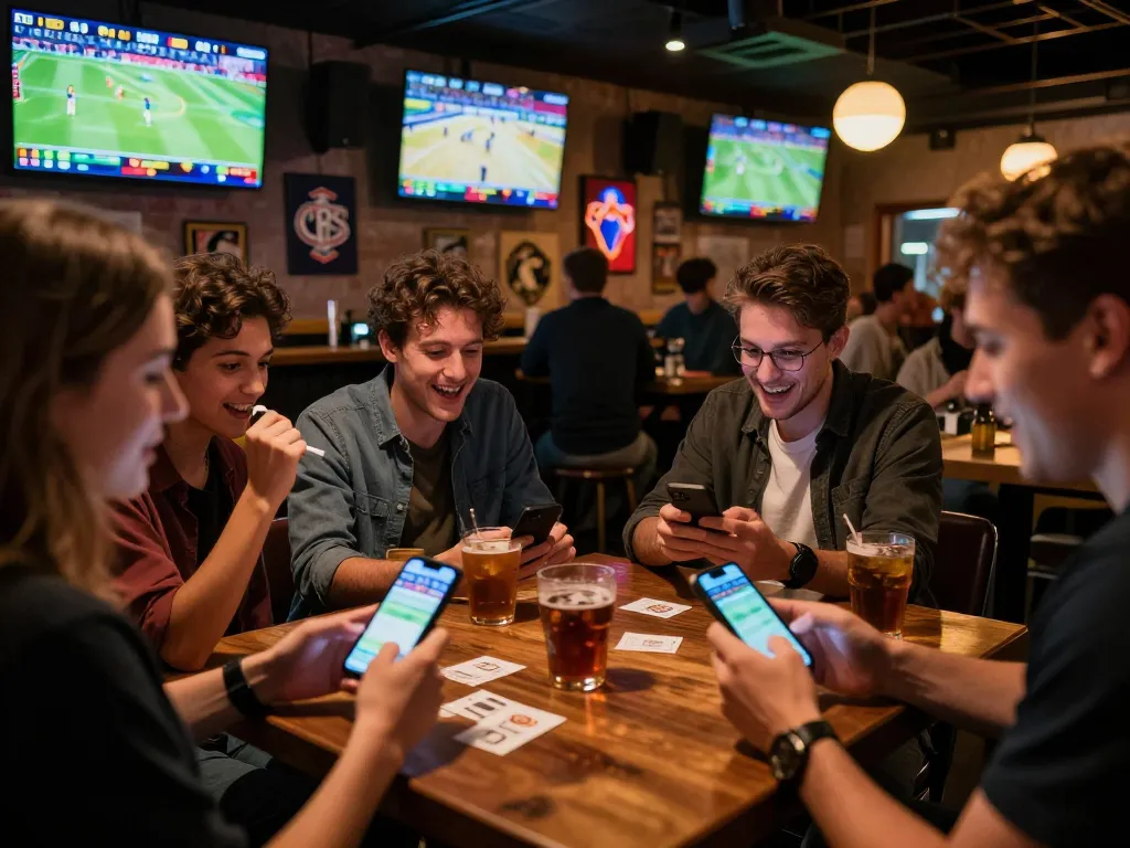 Hit club atmosphere showcasing friends enjoying a thrilling sports betting experience at a lively bar.