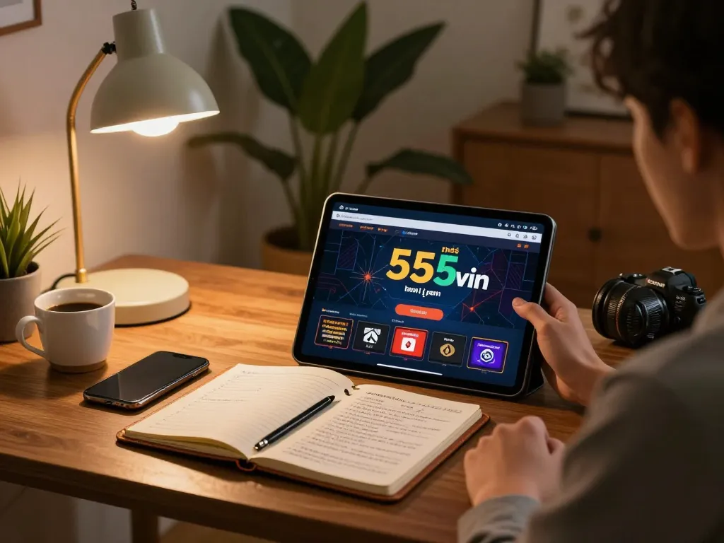 Engaging with nhà cái 555win interface on a tablet in a cozy home gaming setup.