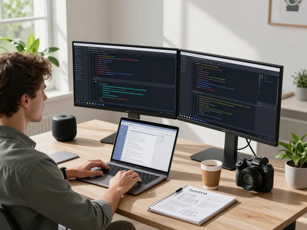 Open claw personal AI assistant setup in a modern workspace with multiple screens and coding elements.