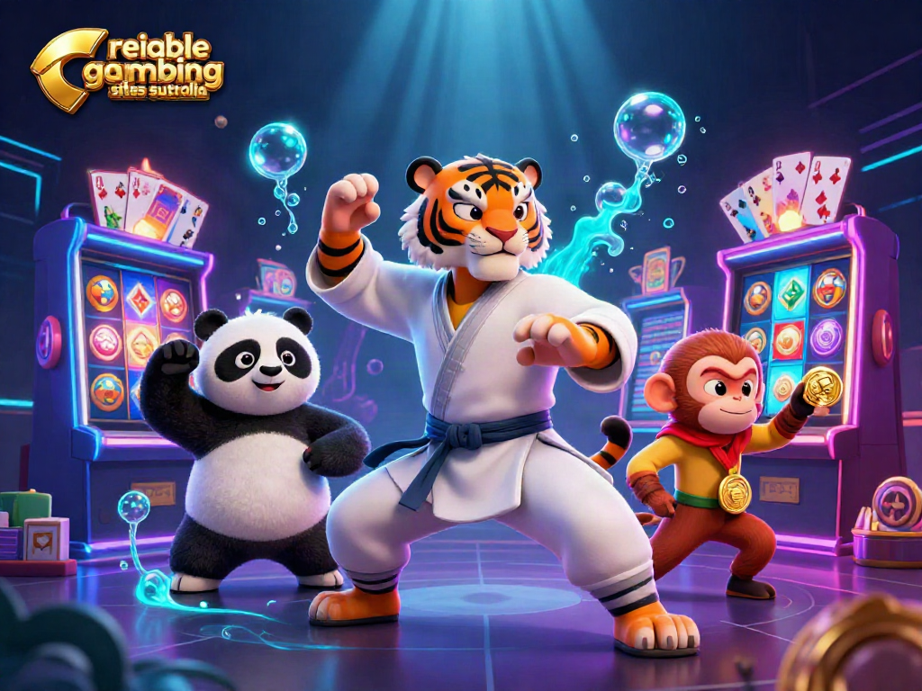 Experience the vibrant world of reliable gambling sites Australia with a playful casino scene featuring a kung fu tiger, panda, and monkey.