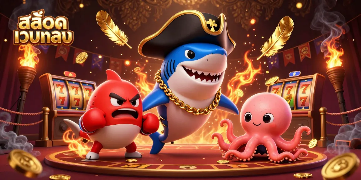 Experience the excitement of สล็อตเว็บตรง as a pirate shark and friends discover treasures in this vibrant casino scene.
