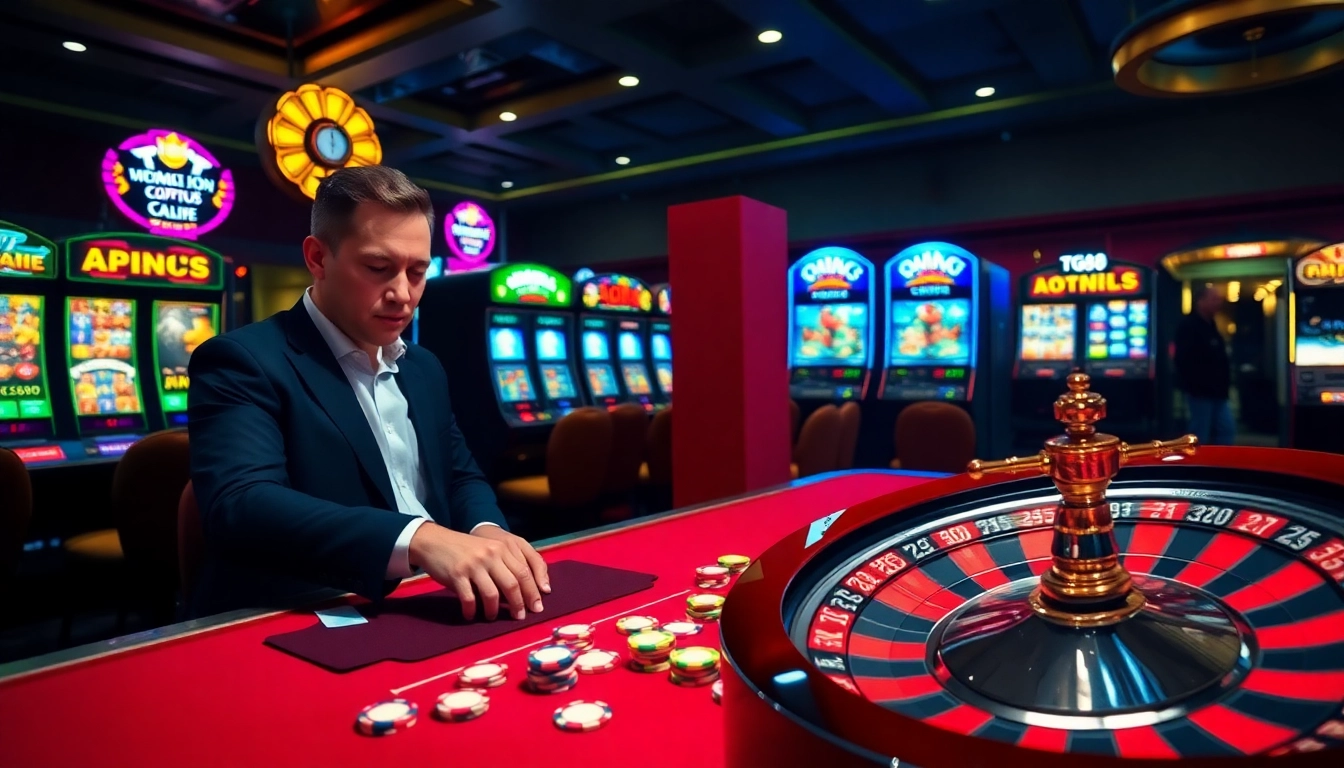 Engaging scene of an exciting casino table at TG88, with vibrant poker chips and a spinning roulette wheel.