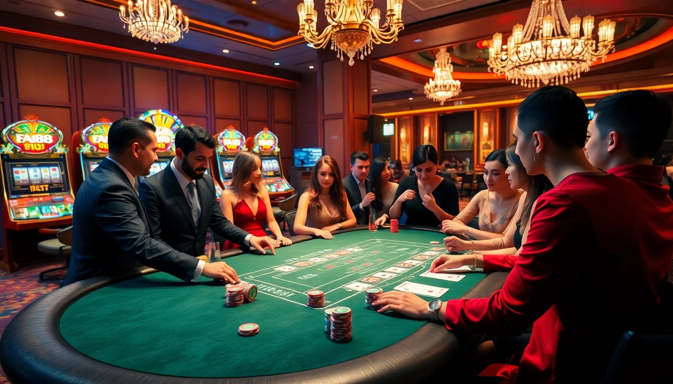 Players enjoying a high-stakes game at a luxurious FA 88 casino with vibrant poker chips and cards.