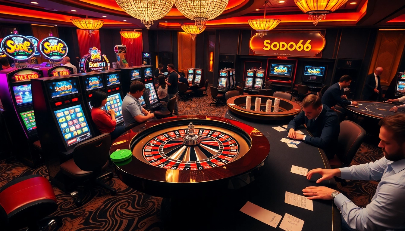 SODO66 players engaged in an exciting casino game with poker chips and a roulette table.