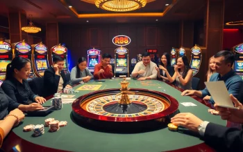RR88 players enjoying a vibrant casino scene with roulette and poker, showcasing excitement and engagement.