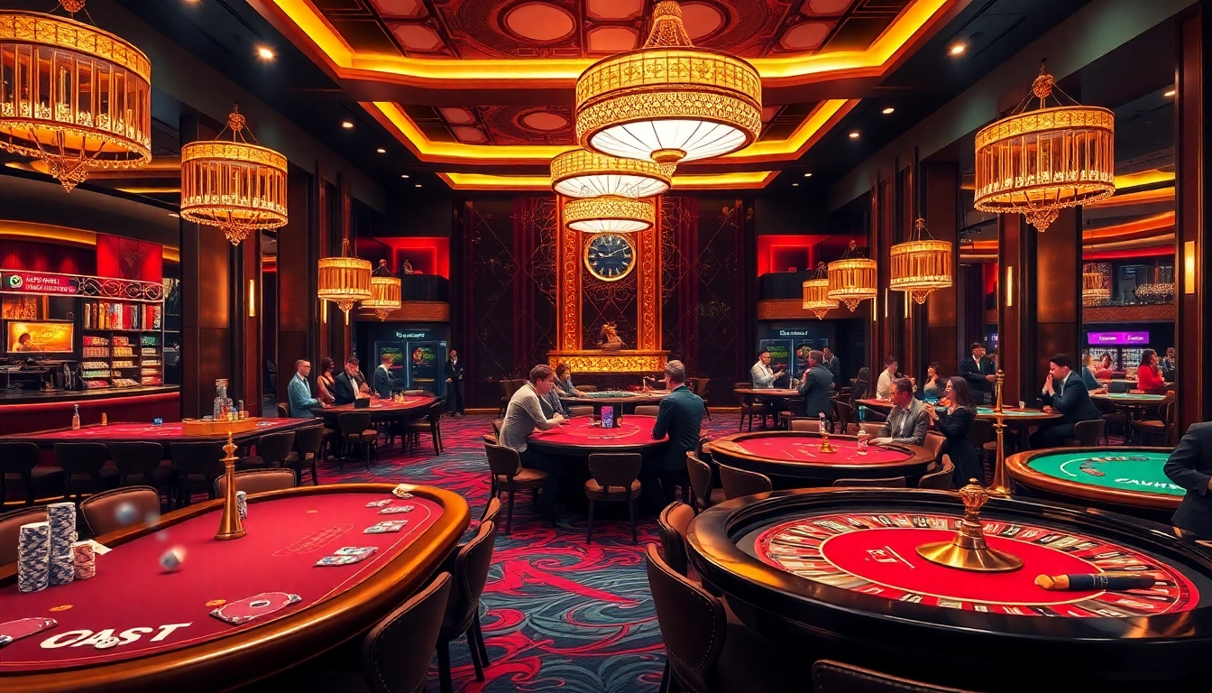 Thrilling gambling experience at Thabet77 Casino, showcasing elegant tables and lively players.