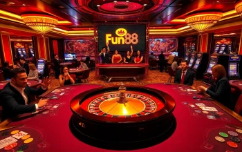 Experience the excitement of Fun88 with a vibrant casino scene showcasing roulette and poker games.