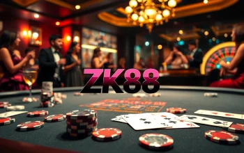 ZK88 poker table with vibrant chips and sleek cards, showcasing a sophisticated gaming atmosphere.