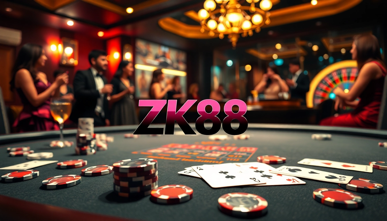 ZK88 poker table with vibrant chips and sleek cards, showcasing a sophisticated gaming atmosphere.