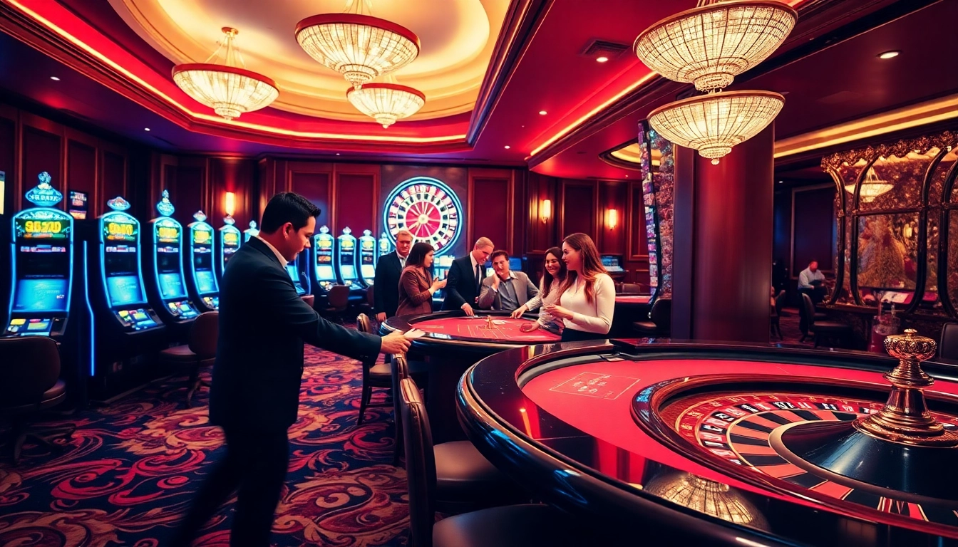 An engaging casino scene with players enjoying games and vibrant slots at https://www.bdtk66.blog/. Excitement fills the air as cards are dealt.