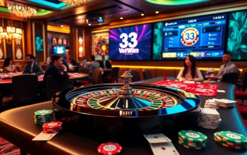 Action-packed gambling scene featuring the logo of nhà cái 33Win amidst poker chips and cards.