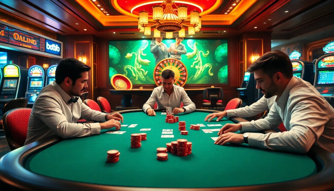 An exciting gambling scene at https://bet88.law showcasing players engaged in a poker game amidst luxurious casino elements.