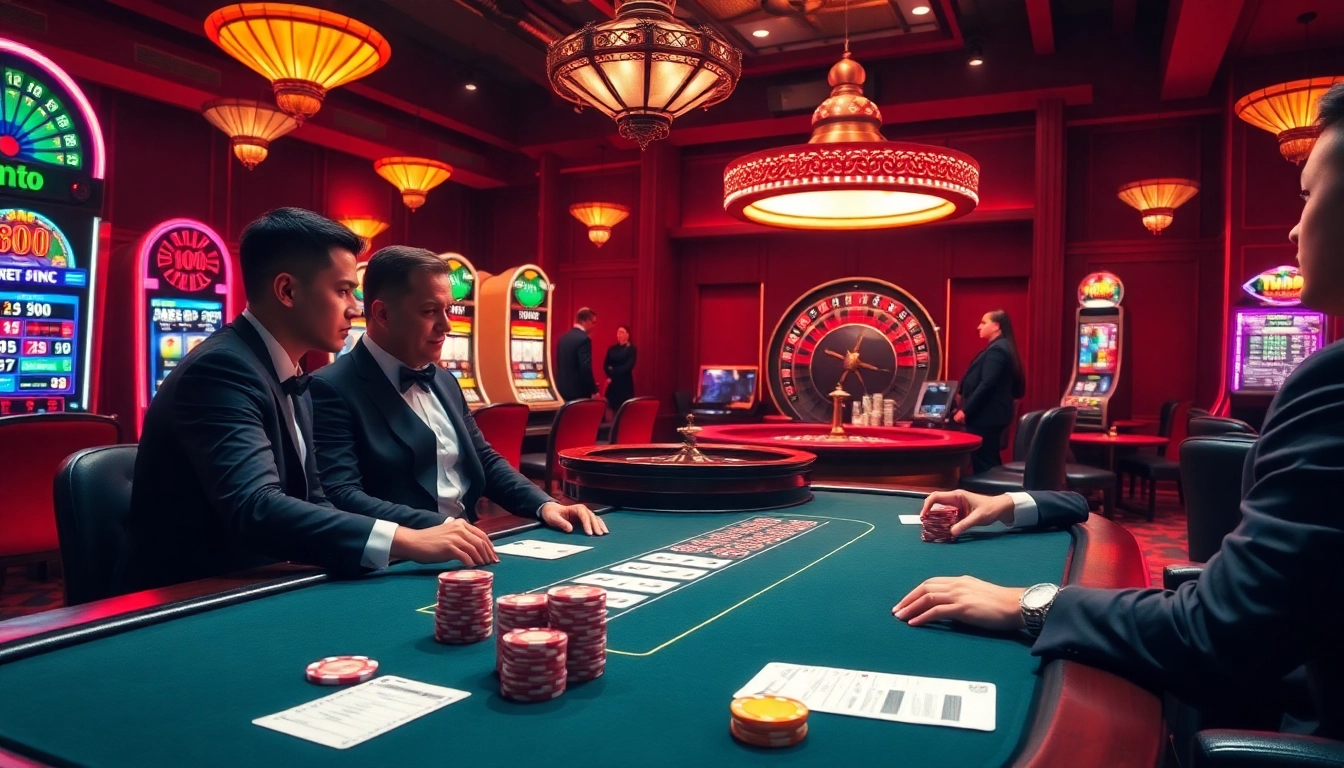 Engaging poker scene at a luxury casino showcasing tr88 excitement with players and vibrant slot machines.