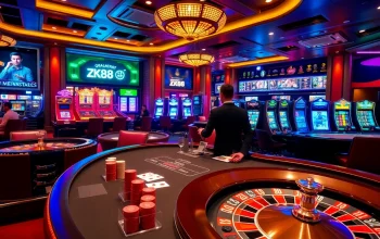 ZK88 casino scene featuring blackjack table, roulette wheel, and vibrant slot machines