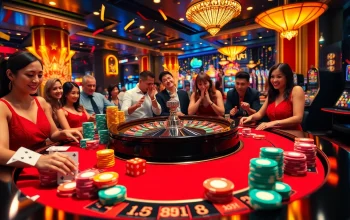 KJC-themed roulette table with diverse players betting energetically in a luxury casino setting.