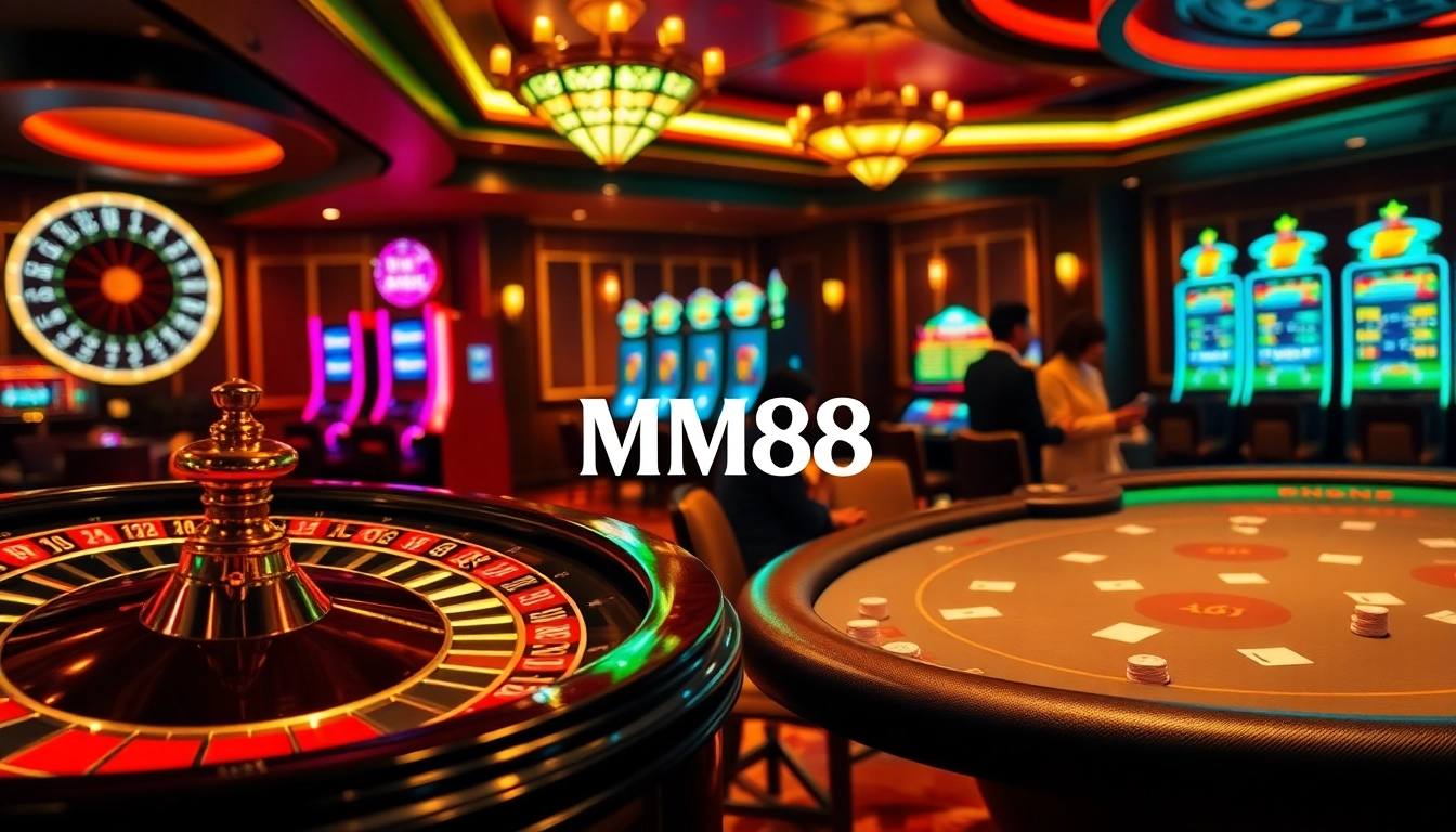 Experience the thrill of gambling at MM88 with vibrant casino visuals featuring roulette and poker games.