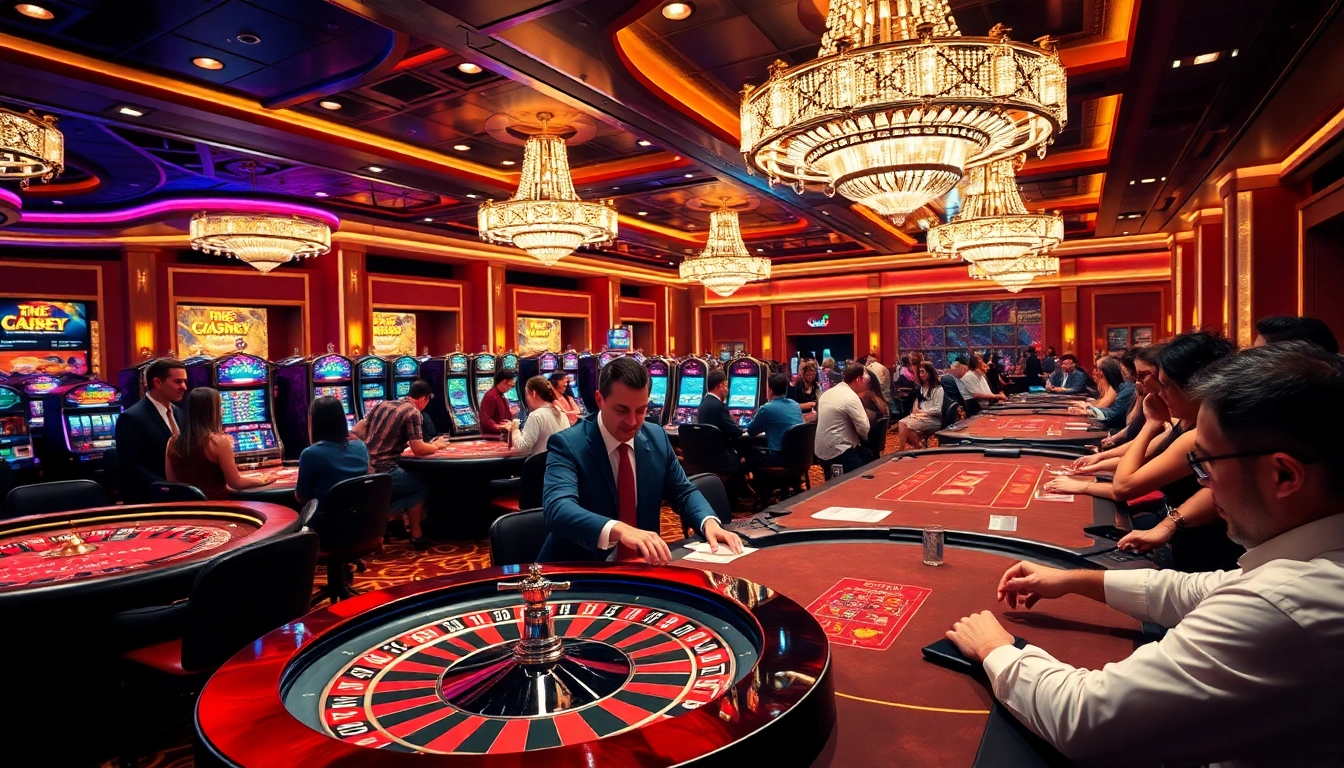 Gamblers enjoying a thrilling experience at DH88 casino tables, featuring roulette and poker games.
