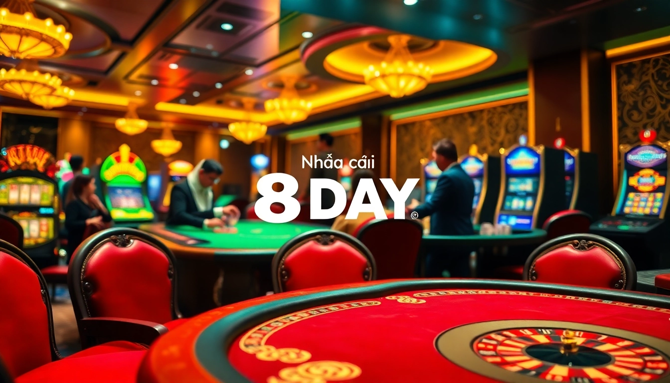 Exciting gaming at Nhà cái 8DAY, featuring poker tables, roulette wheels, and vibrant slot machines.