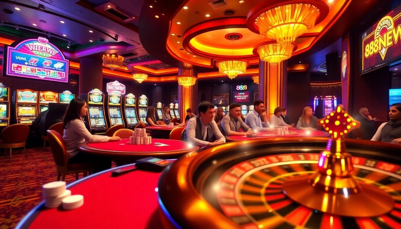 Players enjoying a vibrant gaming experience at 888NEW casino, showcasing dynamic tables, chips, and slot machines.