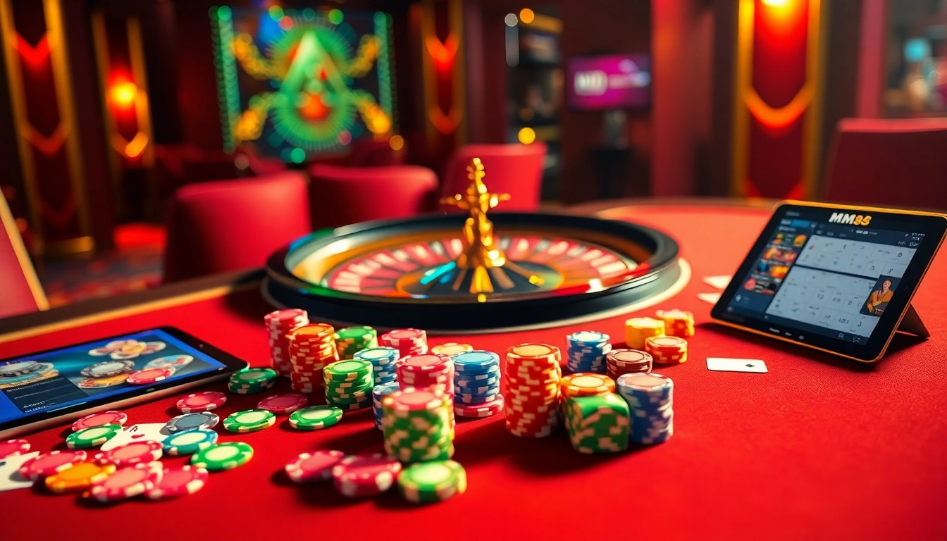 Experience the excitement of MM88 casino with vibrant poker chips and roulette tables.
