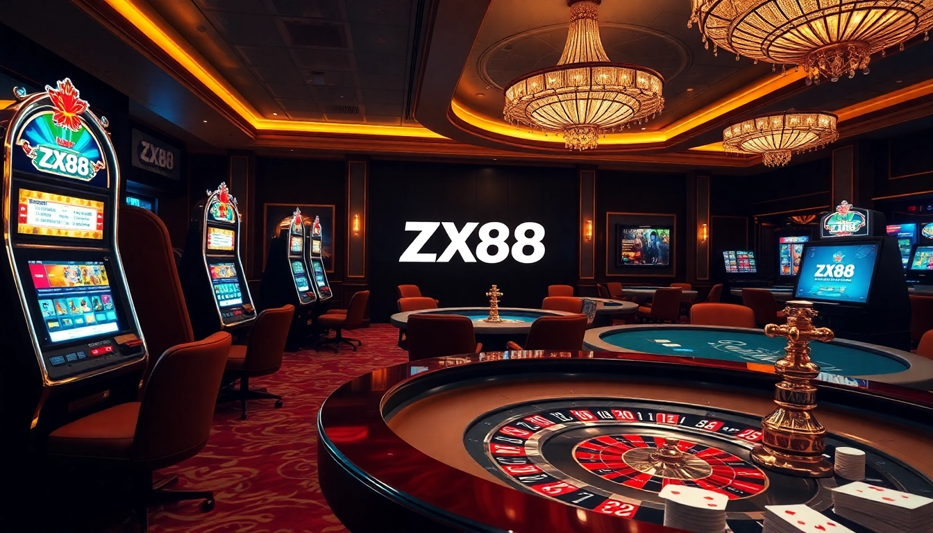 Experience the excitement of ZX88 with vibrant slot machines, poker tables, and a luxurious casino atmosphere.