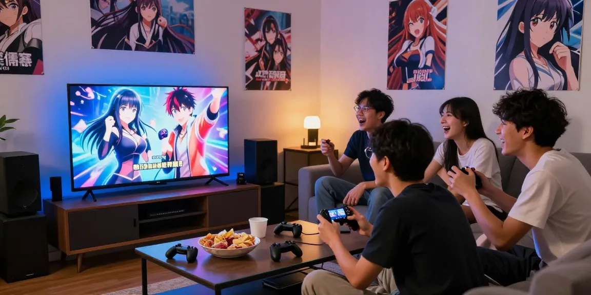 Friends enjoying a lively gaming session playing a hentai game in a cozy room.