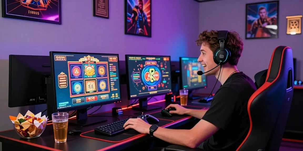 Young man playing at an international credit card casino, showcasing https://crownwoods.org.uk/ gaming atmosphere with excitement and modern design.