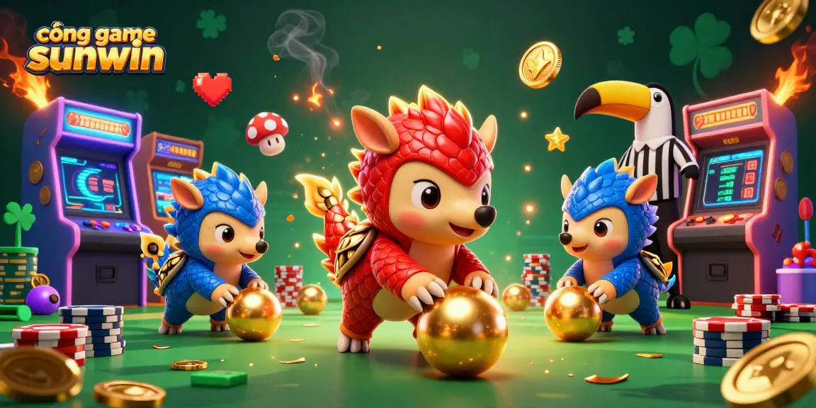 Engage with cổng game sunwin through an exciting 3D scene featuring rival pangolins and vibrant casino elements.