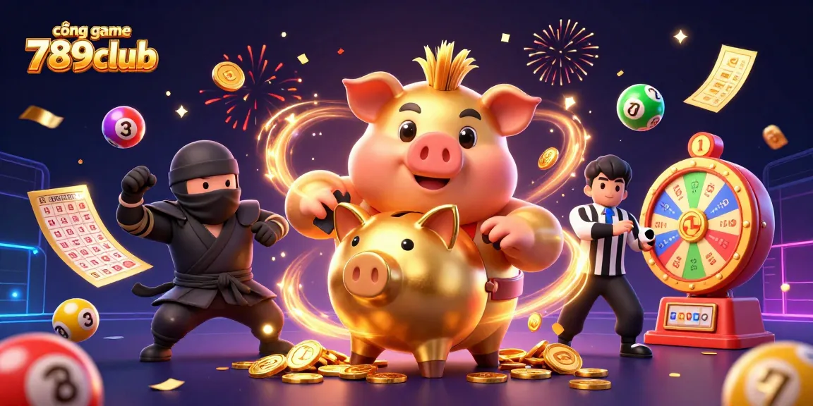 Experience the lively action at cổng game 789club with exciting lottery elements, confetti, and dynamic characters.