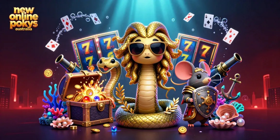 Experience the thrill of new online pokies australia with cute Medusa and warrior in an exciting casino-themed 3D illustration.