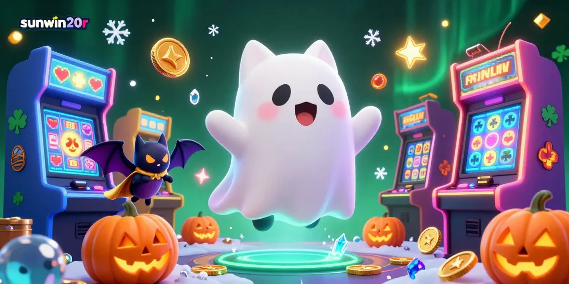 Experience the thrill of sunwin20r in a vibrant casino scene with a ghost cat and arcade games.
